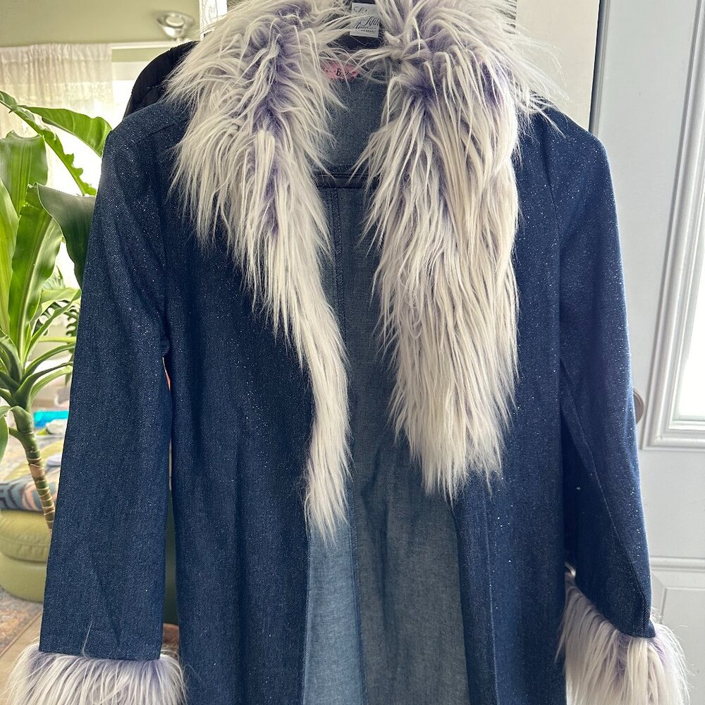 Dolls Kill Denim Faux Trim Sparkly Festival Coat XS